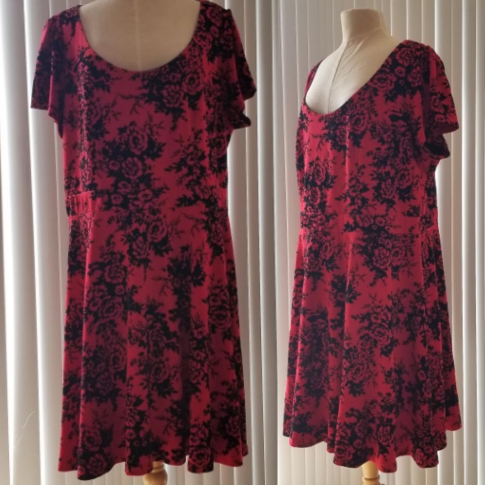 Damask Red Black Velvet Flocked Skater Dress Flare